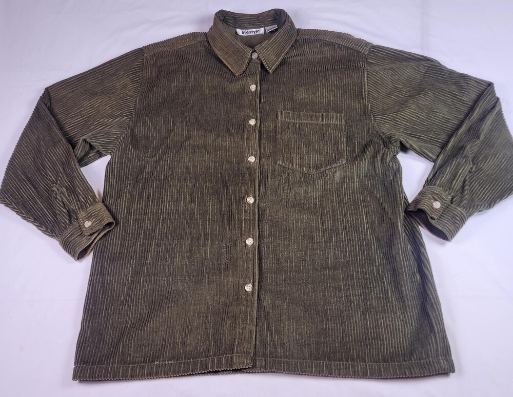 Lifestyle Shirt Womens Medium Green Corduroy Button Front Long Sleeve Casual